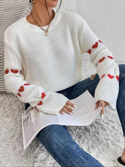 Women'S Heart Pattern Drop Shoulder Sweater, Casual Long Sleeve round Neck Jumper for Daily Outdoor Wear, Women Knit Top for Spring & Fall, Women'S Tops