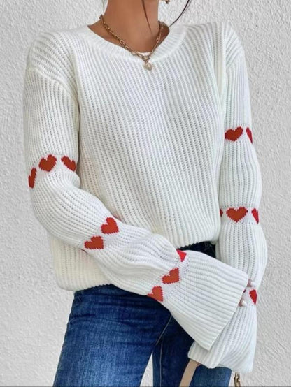 Women'S Heart Pattern Drop Shoulder Sweater, Casual Long Sleeve round Neck Jumper for Daily Outdoor Wear, Women Knit Top for Spring & Fall, Women'S Tops