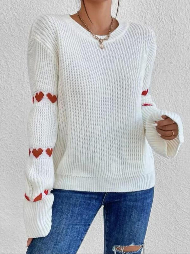 Women'S Heart Pattern Drop Shoulder Sweater, Casual Long Sleeve round Neck Jumper for Daily Outdoor Wear, Women Knit Top for Spring & Fall, Women'S Tops